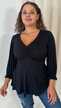 CurveWow V Neck Peplum Top Black