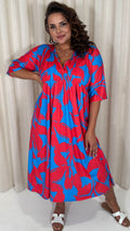 CurveWow Tie Back Kimono Sleeve Midi Dress Red/Blue