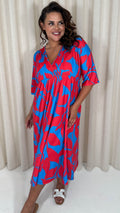 CurveWow Tie Back Kimono Sleeve Midi Dress Red/Blue