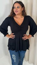 CurveWow V Neck Peplum Top Black