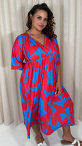 CurveWow Tie Back Kimono Sleeve Midi Dress Red/Blue