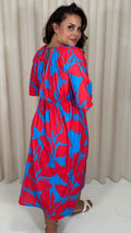 CurveWow Tie Back Kimono Sleeve Midi Dress Red/Blue