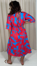 CurveWow Tie Back Kimono Sleeve Midi Dress Red/Blue