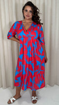 CurveWow Tie Back Kimono Sleeve Midi Dress Red/Blue