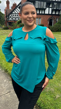 CurveWow Cold Shoulder Frill Top Green