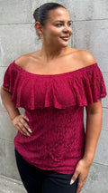 CurveWow Lace Bardot Top Wine