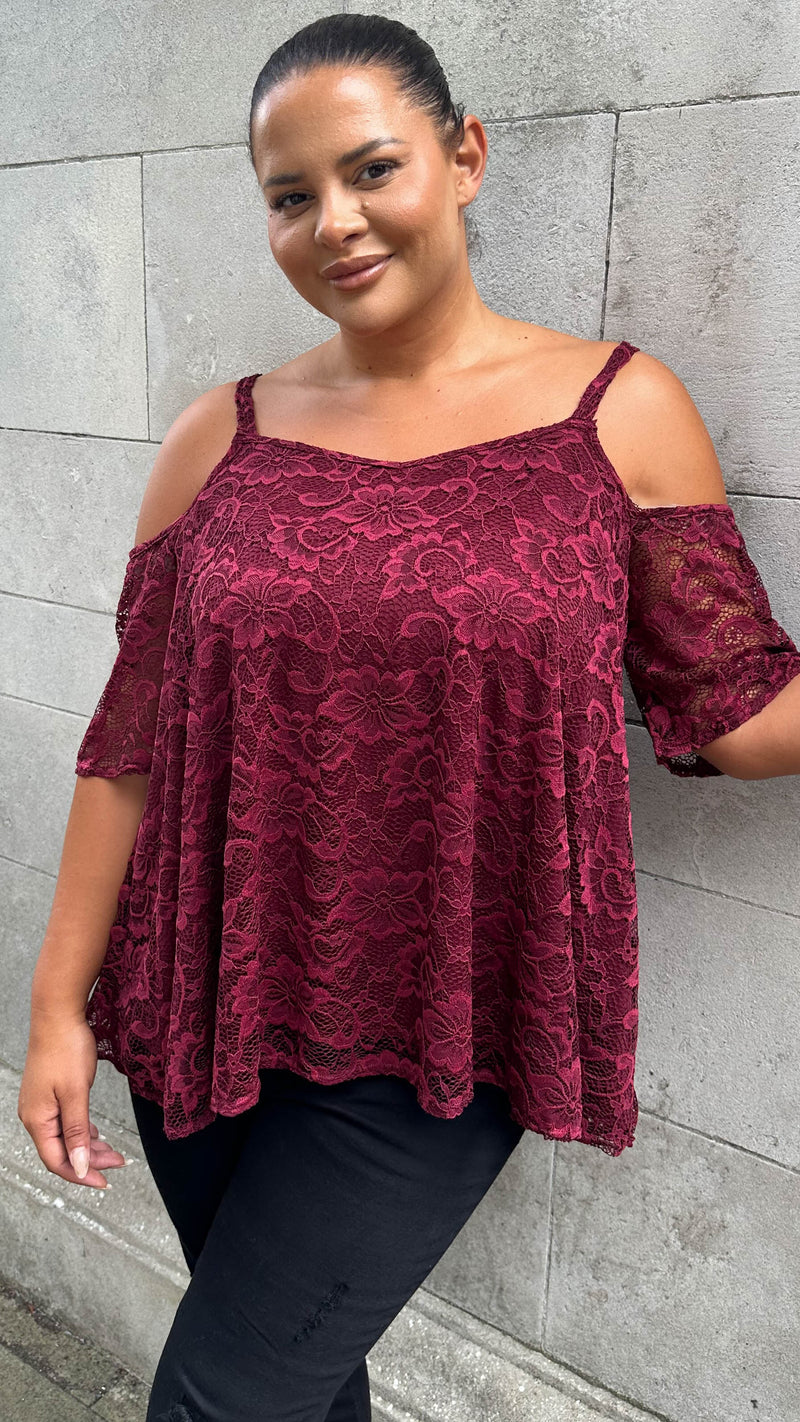 CurveWow Lacy Strappy Cold Shoulder Top Wine