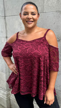 CurveWow Lacy Strappy Cold Shoulder Top Wine