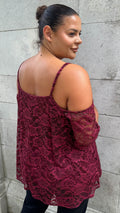 CurveWow Lacy Strappy Cold Shoulder Top Wine