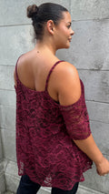 CurveWow Lacy Strappy Cold Shoulder Top Wine