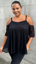 CurveWow Lace Strappy Cold Shoulder Top Black