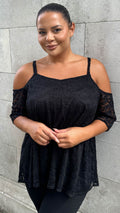 CurveWow Lace Strappy Cold Shoulder Top Black