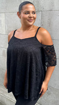 CurveWow Lace Strappy Cold Shoulder Top Black