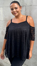 CurveWow Lace Strappy Cold Shoulder Top Black