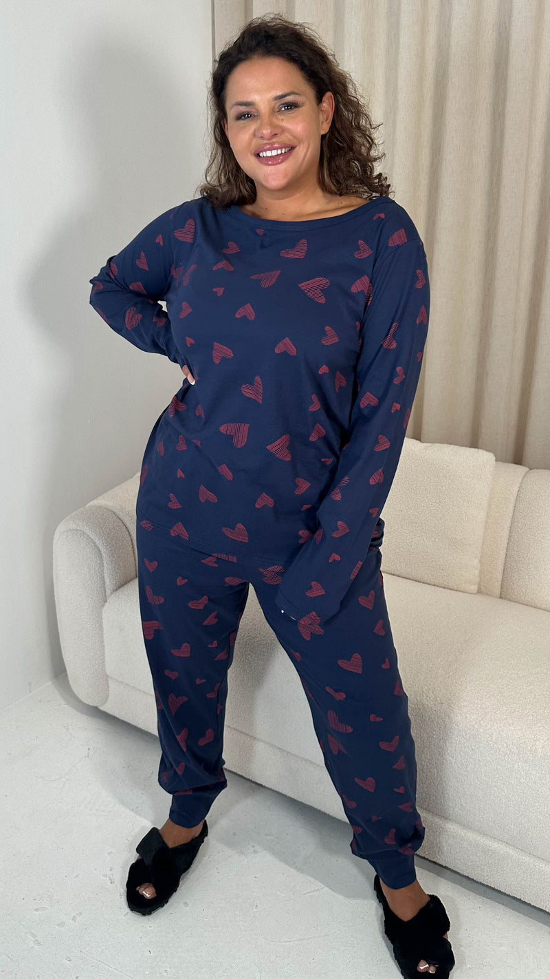 CurveWow Long Sleeve Pyjama Set Navy Heart