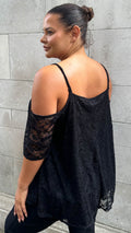 CurveWow Lace Strappy Cold Shoulder Top Black