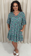 CurveWow V Neck Frill Sleeve Smock Dress Green Floral