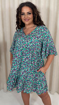 CurveWow V Neck Frill Sleeve Smock Dress Green Floral