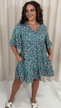 CurveWow V Neck Frill Sleeve Smock Dress Green Floral