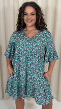 CurveWow V Neck Frill Sleeve Smock Dress Green Floral