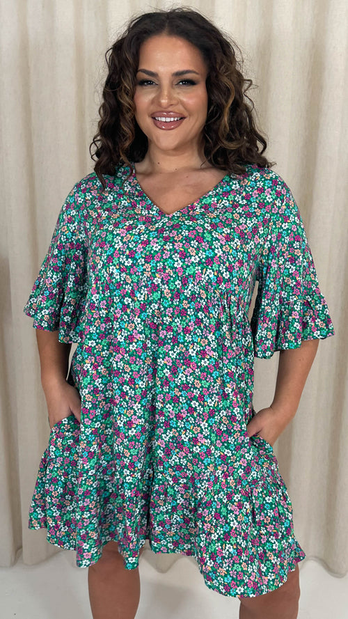 CurveWow V Neck Frill Sleeve Smock Dress Green Floral