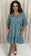 CurveWow V Neck Frill Sleeve Smock Dress Green Floral