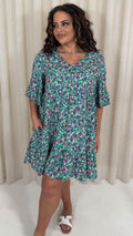 CurveWow V Neck Frill Sleeve Smock Dress Green Floral