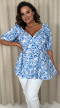 CurveWow Wrap Balloon Sleeve Peplum Top Blue Floral