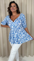 CurveWow Wrap Balloon Sleeve Peplum Top Blue Floral