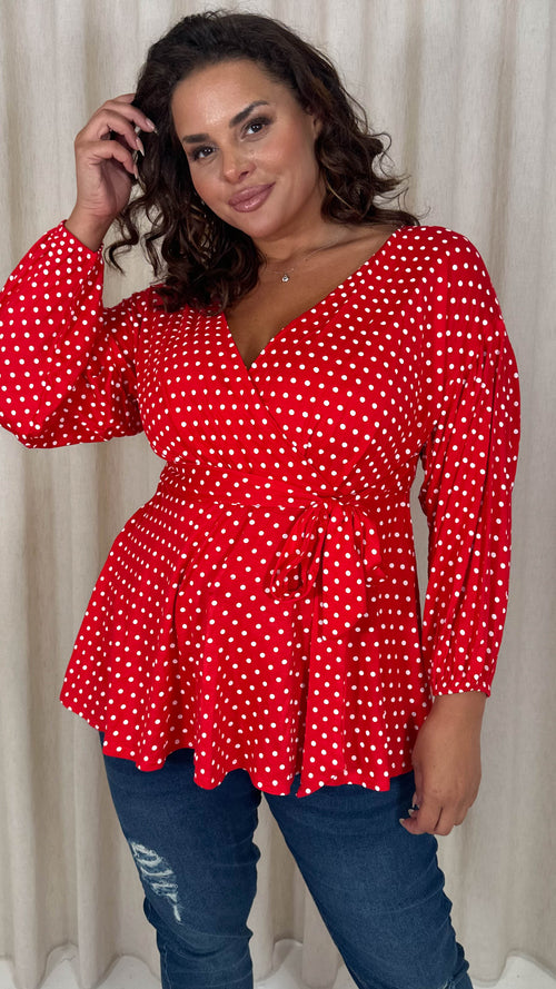 CurveWow Drop Shoulder Tie Waist Peplum Top Red Polka Dot