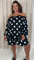 CurveWow Off The Shoulder Lantern Sleeve Tie Front Top Black Polka Dot