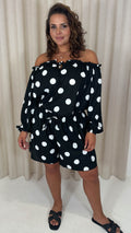 CurveWow Off The Shoulder Lantern Sleeve Tie Front Top Black Polka Dot