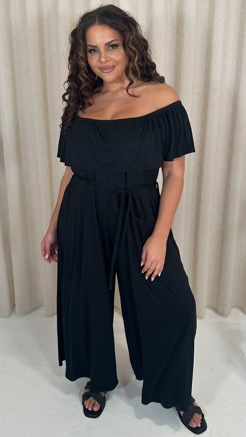 CurveWow Wide Leg Self Tie Frill Bardot Jumpsuit Black