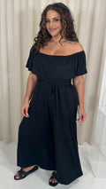 CurveWow Wide Leg Self Tie Frill Bardot Jumpsuit Black