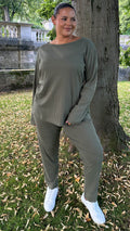 CurveWow Crew Neck Jogger Lounge Set Khaki