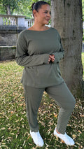 CurveWow Crew Neck Jogger Lounge Set Khaki