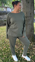 CurveWow Crew Neck Jogger Lounge Set Khaki