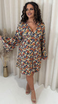 CurveWow V Neck Long Angel Sleeve Mini Dress Rust Floral