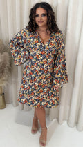 CurveWow V Neck Long Angel Sleeve Mini Dress Rust Floral