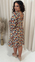 CurveWow V Neck Long Angel Sleeve Mini Dress Rust Floral