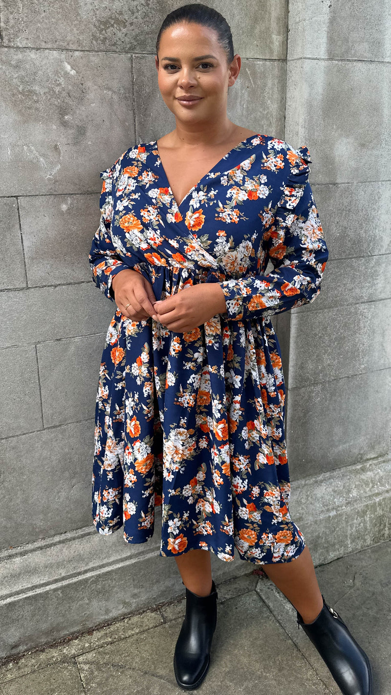 CurveWow Frill Wrap Dress Navy Floral