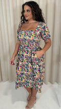 CurveWow Shirred Square Neck Midi Dress Multi Floral