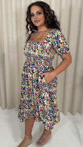 CurveWow Shirred Square Neck Midi Dress Multi Floral