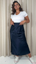 CurveWow Satin Midi Skirt Navy