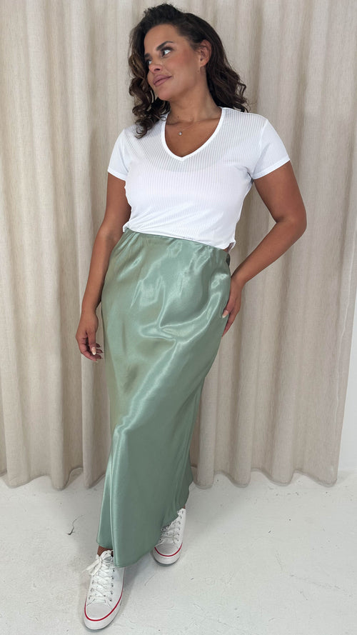 CurveWow Satin Midi Skirt Sage