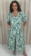 CurveWow Puff Sleeve Tiered Wrap Dress Teal Green Floral