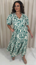 CurveWow Puff Sleeve Tiered Wrap Dress Teal Green Floral