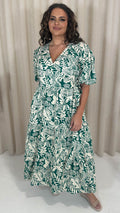 CurveWow Puff Sleeve Tiered Wrap Dress Teal Green Floral