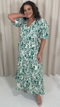 CurveWow Puff Sleeve Tiered Wrap Dress Teal Green Floral