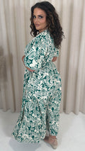 CurveWow Puff Sleeve Tiered Wrap Dress Teal Green Floral